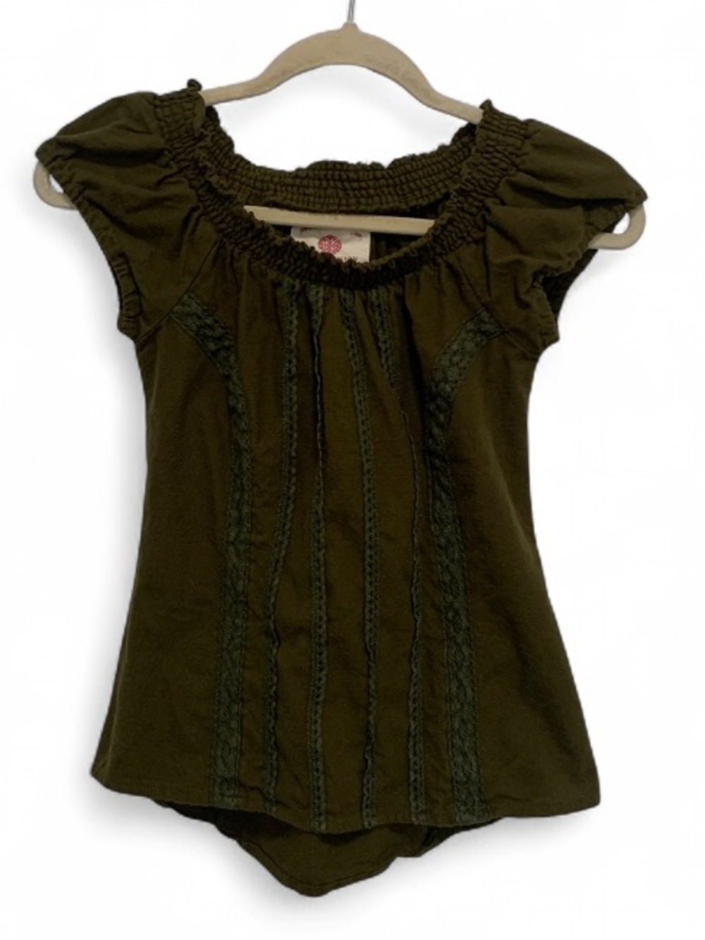 Vintage Celtic Fusion Green Smocked Neck Cap Sleeve Blouse